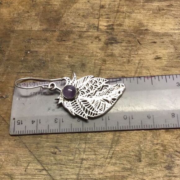 Earrings, Sterling Silver and Amethyst Leaf Earrings, NEW, 2.75”, Handmade - Picture 3 of 4